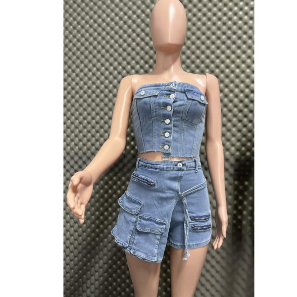 Women's Denim 2 Piece Outfits Button Tube Top and Cargo Shorts with Pockets Summer Sexy Jeans Shorts Set Tracksuits