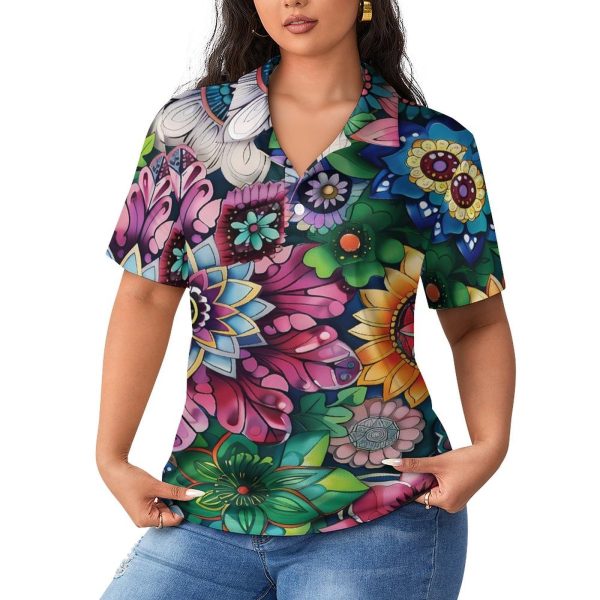 Boho Floral Colorful Flowers Womens Polo Shirts Short Sleeve Golf Shirts Casual Tennis Shirts for Work Business