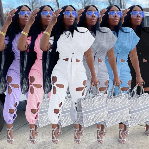 71zwNGHvjcL.jpg Women 2 Piece Outfits Set Casual Crop Top Shirt Hollowed Out Sweatpants Women Fashion Tracksuit