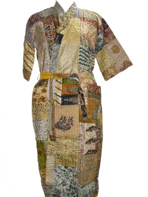 Rajbhoomi Women Kimono Robe Handmade Silk Patola Kantha Quilt Body Warmer Coat Rob Patchwork Overcoat Jacket
