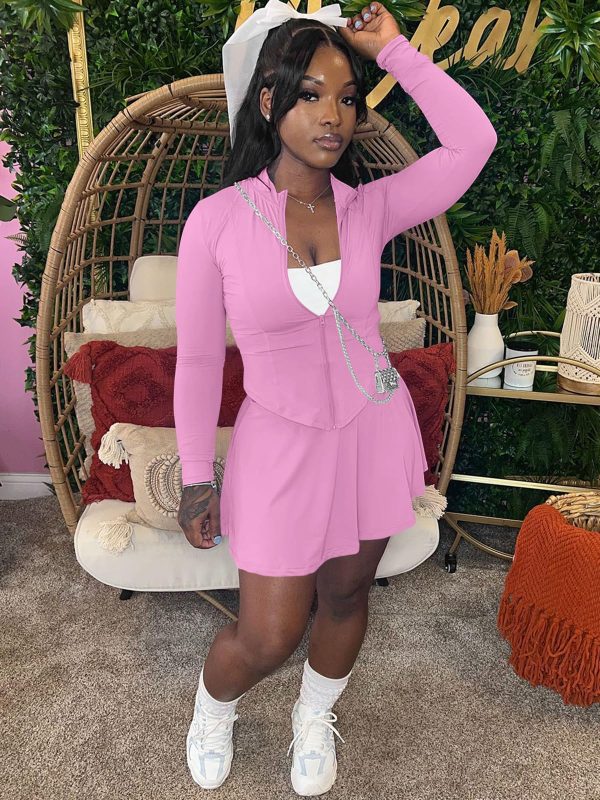 Women Casual 2 Piece Sets Summer Tracksuit Long Sleeve Zipper Jacket Crop Top Mini Skirt Skort Outfits