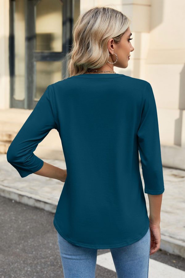 Women's 3/4 Sleeve Shirts V Neck Casual Henley Work Tops Blouses