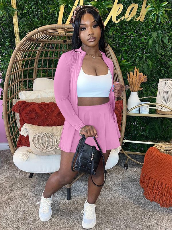Women Casual 2 Piece Sets Summer Tracksuit Long Sleeve Zipper Jacket Crop Top Mini Skirt Skort Outfits