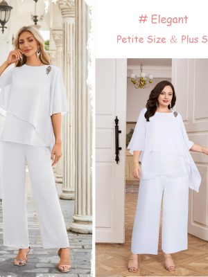 Plus Size Mother of Bride Pant Suits 2 Piece Chiffon Sets Ruffle Layers Wedding Guest Outfit