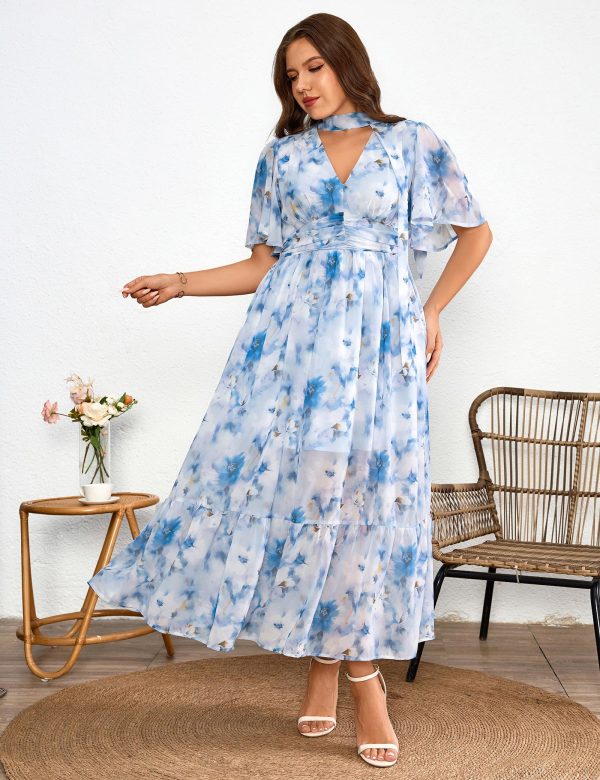 Women's 2025 Floral Summer Dress Smocked V Neck Boho Plus Size Beach Party Wedding Guest Ruffle Long Dresses