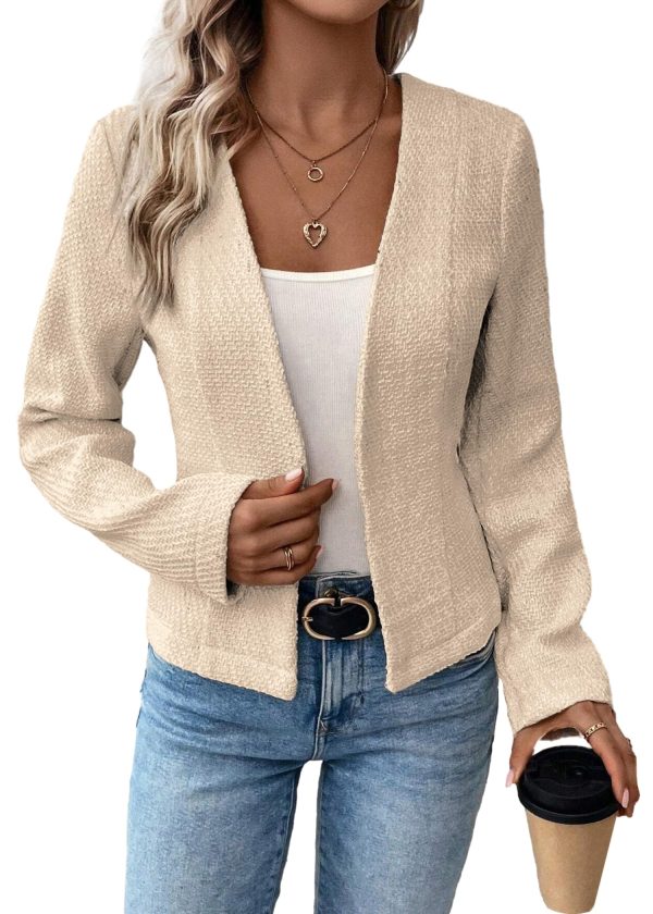 2025 Women's Spring Tweed Blazer Fully-Lined Collarless Open Front Elegant Petite Cute Fashion Casual Work Jacket