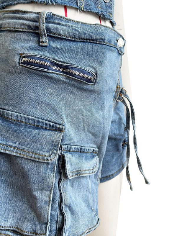 Women's Denim 2 Piece Outfits Button Tube Top and Cargo Shorts with Pockets Summer Sexy Jeans Shorts Set Tracksuits