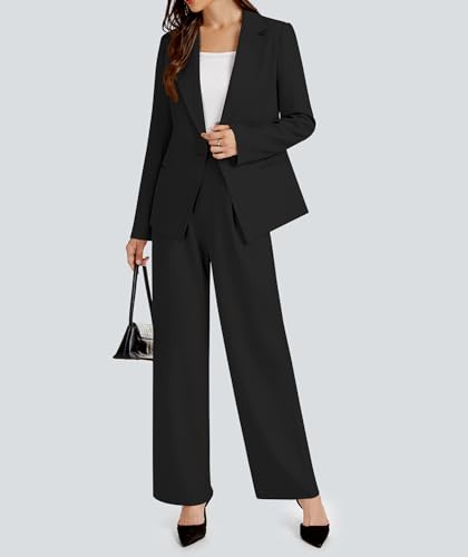 2 Piece Outfits for Women Business Casual Single Button Blazer Jacket and Wide Leg Pants Matching Suit Sets