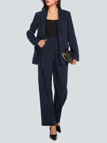 Women's 2 Piece Pant Suit Business Casual Outfits Striped Notched Collar Blazer Wide Leg Pants Sets