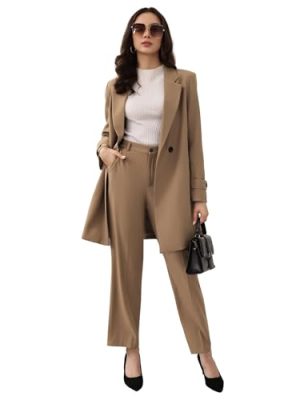 Women's Suit 2 Piece Long Blazer Set Ladies Jacket Pantsuit Casual Outfits for Fall