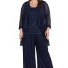 3PC Pant Set Solid Pants Lace Tank Beaded W/Pearl Neckline & Pleated Jacket