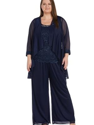 3PC Pant Set Solid Pants Lace Tank Beaded W/Pearl Neckline & Pleated Jacket