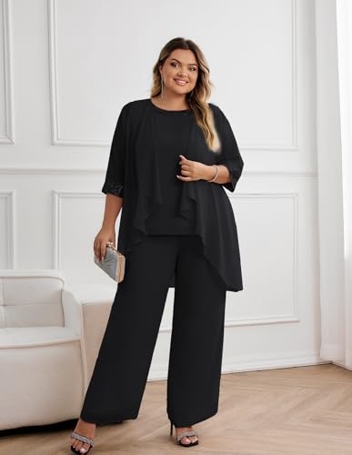 Plus Size Mother of The Bride Pant Suits 3 Piece Chiffon Sets Wedding Guest Gowns Formal Outfits with Jacket