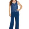 3PC Pant Set Top W/Pearl Neckline Lace Sequin Jacket & Pull-On Elastic Pants