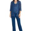 3PC Pant Set Top W/Pearl Neckline Lace Sequin Jacket & Pull-On Elastic Pants