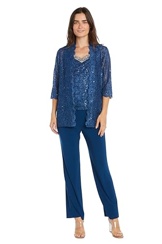 3PC Pant Set Top W/Pearl Neckline Lace Sequin Jacket & Pull-On Elastic Pants