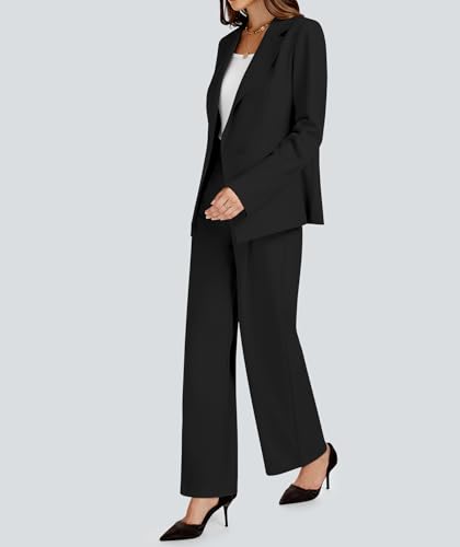 2 Piece Outfits for Women Business Casual Single Button Blazer Jacket and Wide Leg Pants Matching Suit Sets