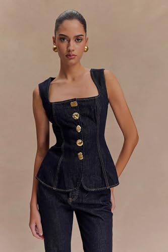 Two Piece Denim Set Button Down Denim Vest and Straight Leg Jeans Business Casual Outfits Pants Suit Dressy Casual