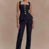Two Piece Denim Set Button Down Denim Vest and Straight Leg Jeans Business Casual Outfits Pants Suit Dressy Casual