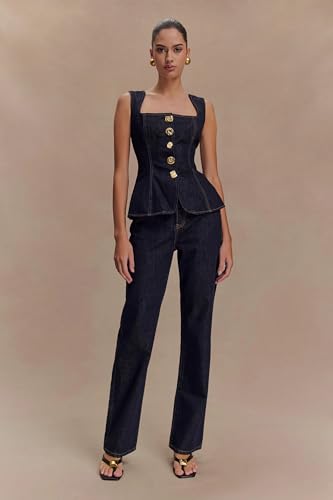 Two Piece Denim Set Button Down Denim Vest and Straight Leg Jeans Business Casual Outfits Pants Suit Dressy Casual