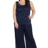 3PC Pant Set Solid Pants Lace Tank Beaded W/Pearl Neckline & Pleated Jacket
