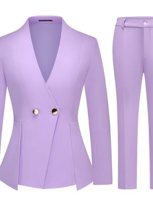 Women's 2 Piece Outfits Two Buttons Business V Neck Blazer Casual Long Sleeve Pants Suits Work Sets