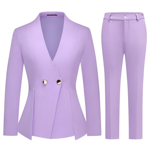 Women's 2 Piece Outfits Two Buttons Business V Neck Blazer Casual Long Sleeve Pants Suits Work Sets