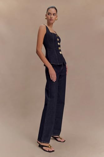 Two Piece Denim Set Button Down Denim Vest and Straight Leg Jeans Business Casual Outfits Pants Suit Dressy Casual