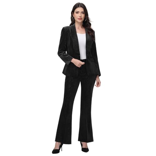 Women Pantsuit Dressy Silver Thread Velvet 2 Piece Suit Set Blazer and Flared Pants