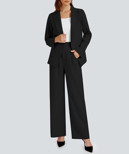 2 Piece Outfits for Women Business Casual Single Button Blazer Jacket and Wide Leg Pants Matching Suit Sets