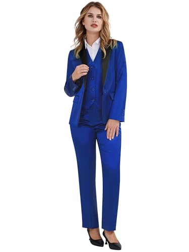 Women's 3 Pieces Satin Suit Black Peak Lapel Fashion Outfits Casual Party Wedding Blazer Jacket Vest Pants Set