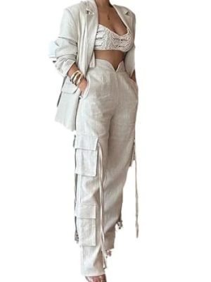Women Fall Blazer Set 2 Piece Business Outfit Long Sleeve Blazer Jacket and Straight Wide Leg Pant Suit Sets
