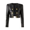 Women PU Leather Business Suit Slim Fit Sport Coat 3 Button Open Front Solid Blazer Work Office Suit Set