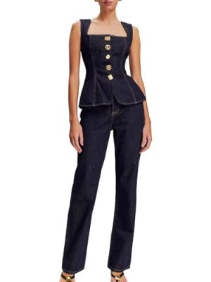 Two Piece Denim Set Button Down Denim Vest and Straight Leg Jeans Business Casual Outfits Pants Suit Dressy Casual
