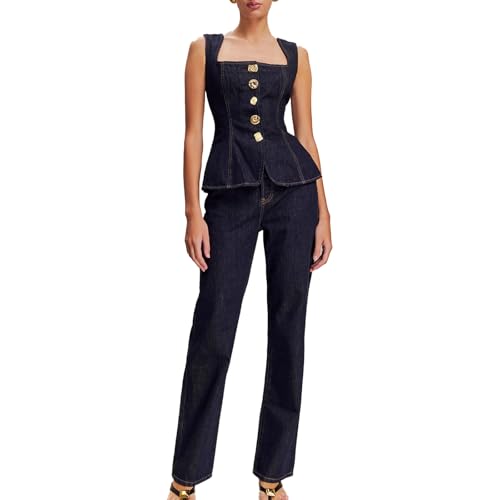Two Piece Denim Set Button Down Denim Vest and Straight Leg Jeans Business Casual Outfits Pants Suit Dressy Casual