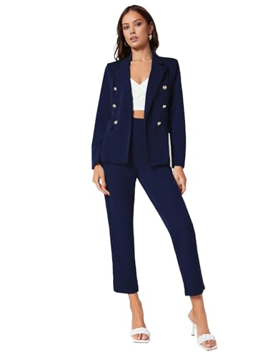 Women's Suits for Work Professional Business Attire 2 Piece Blazer and Pants Set, Navy Blue, XL (16-18)