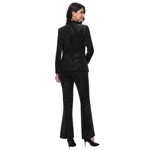 Women Pantsuit Dressy Silver Thread Velvet 2 Piece Suit Set Blazer and Flared Pants