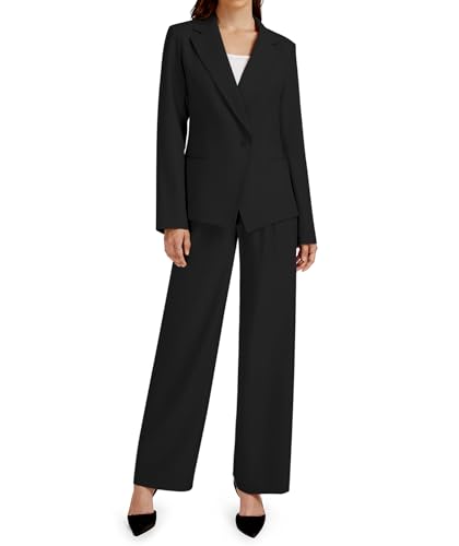 2 Piece Outfits for Women Business Casual Single Button Blazer Jacket and Wide Leg Pants Matching Suit Sets