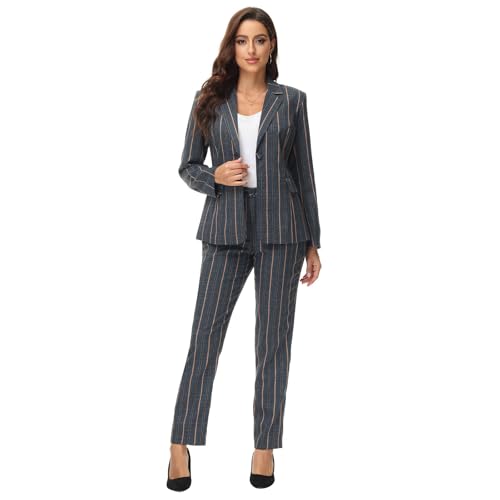 Womens 2 Piece Plaid Suits Set Business Office One Button Blazer Jacket Casual Long Sleeve Pant Suit Set