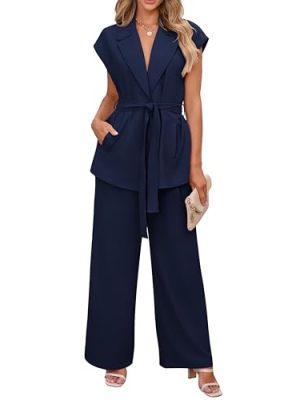 Women's Summer 2 Piece Outfits 2025 Cap Sleeve V Neck Blazer Vest Wide Leg Pant Sets Office Work Clothes