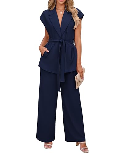 Women's Summer 2 Piece Outfits 2025 Cap Sleeve V Neck Blazer Vest Wide Leg Pant Sets Office Work Clothes
