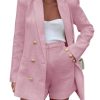 Womens 2 Piece Tweed Blazer Shorts Sets Long Sleeve Double Breasted Suit Jackets Business Outfit Pink, XX-Large