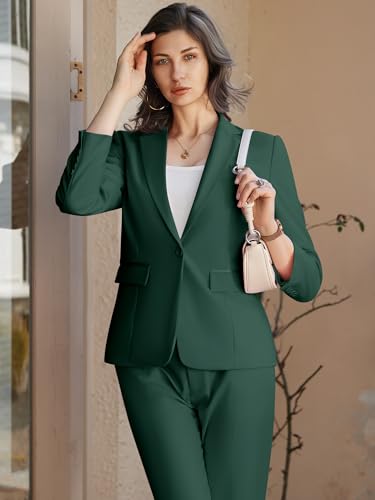 Womens 2 Piece Pants Suit Solid Notch Lapel One Button Slim Fit Blazer Jacket Elastic Waist Pants Tuxedo Set