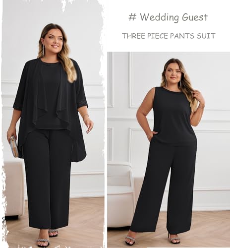 Plus Size Mother of The Bride Pant Suits 3 Piece Chiffon Sets Wedding Guest Gowns Formal Outfits with Jacket