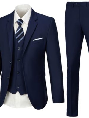 Mens 3 Piece Slim Fit Suit Set, 2 Button Solid Blazer Jacket Vest Pants Business Tuxedo