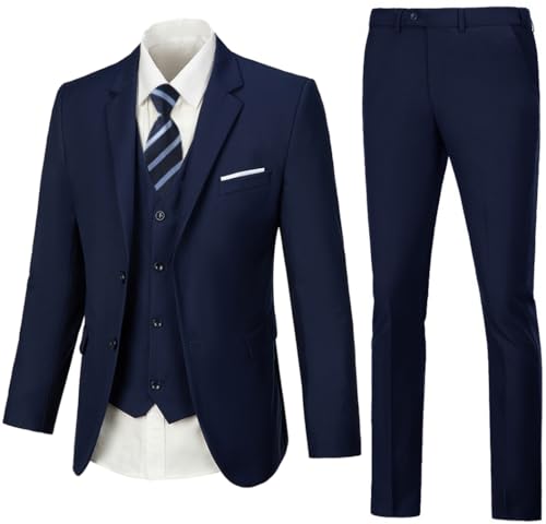Mens 3 Piece Slim Fit Suit Set, 2 Button Solid Blazer Jacket Vest Pants Business Tuxedo