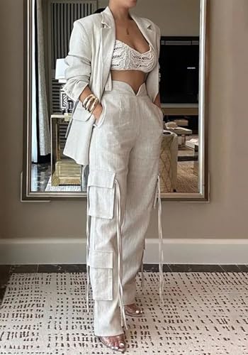 Women Fall Blazer Set 2 Piece Business Outfit Long Sleeve Blazer Jacket and Straight Wide Leg Pant Suit Sets