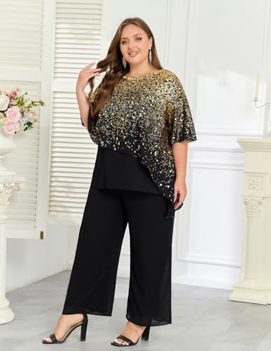 2025 Plus Size Mother of Bride Pant Suits 2 Piece Ruffle Layers Chiffon Sets Hot Stamping Wedding Guest Outfit