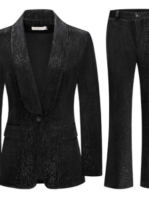 Women Pantsuit Dressy Silver Thread Velvet 2 Piece Suit Set Blazer and Flared Pants