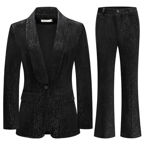 Women Pantsuit Dressy Silver Thread Velvet 2 Piece Suit Set Blazer and Flared Pants